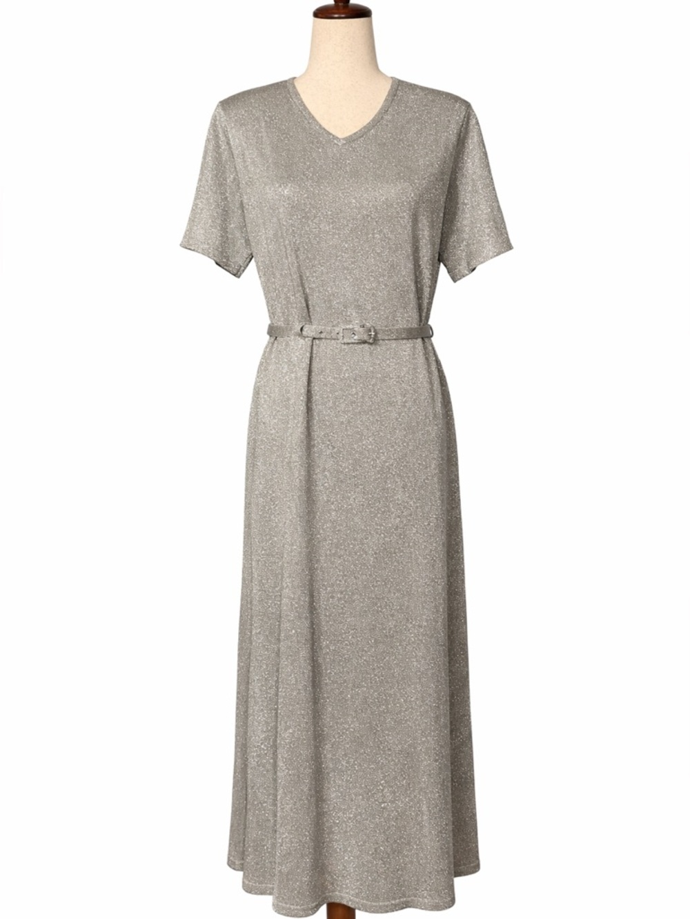 Vintage Nina Leonard silver metallic maxi dress. Short sleeve, matching belt, L